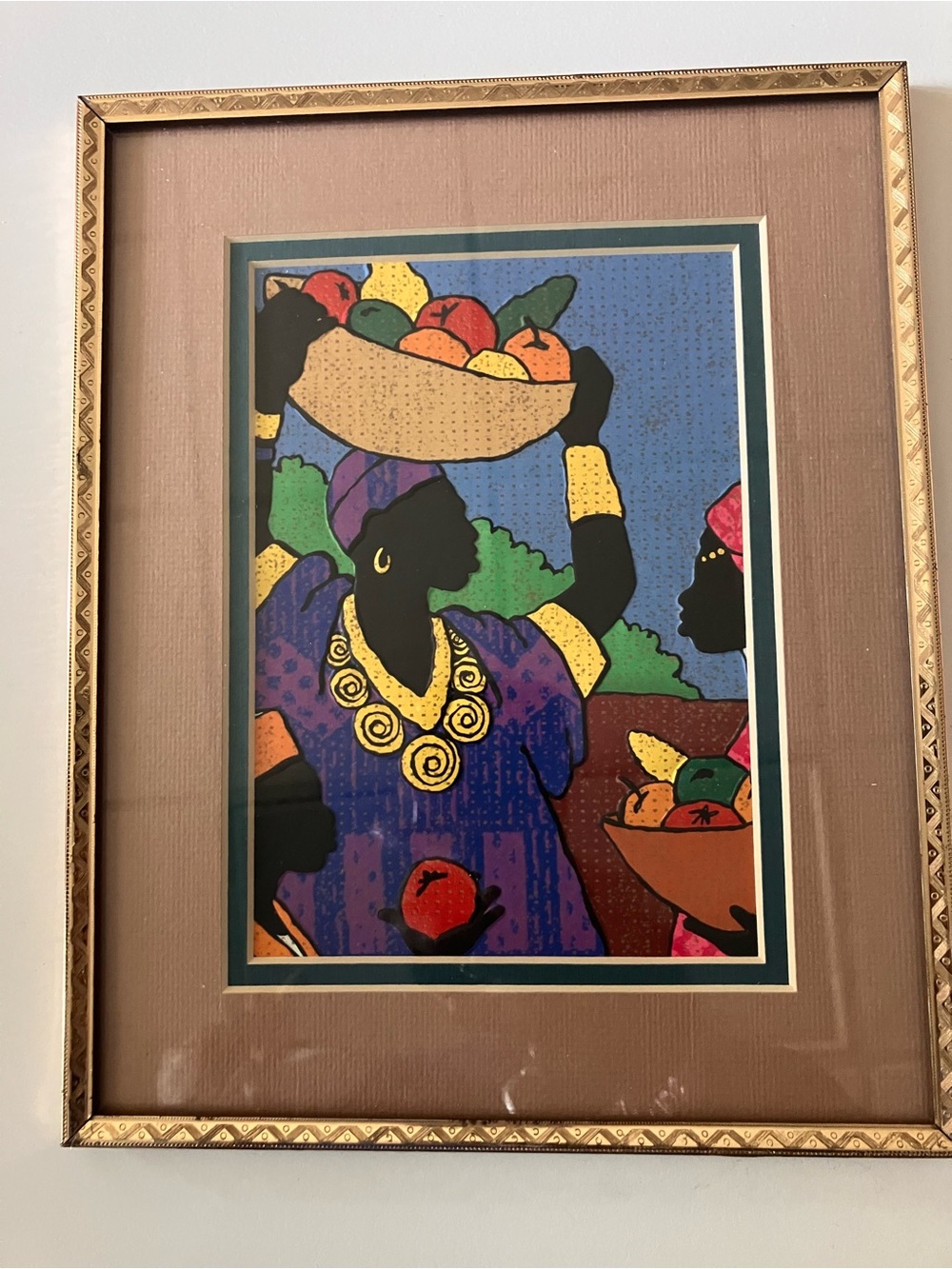 Colorful Folk Art Market Scene Print - Blue & Purple Palette